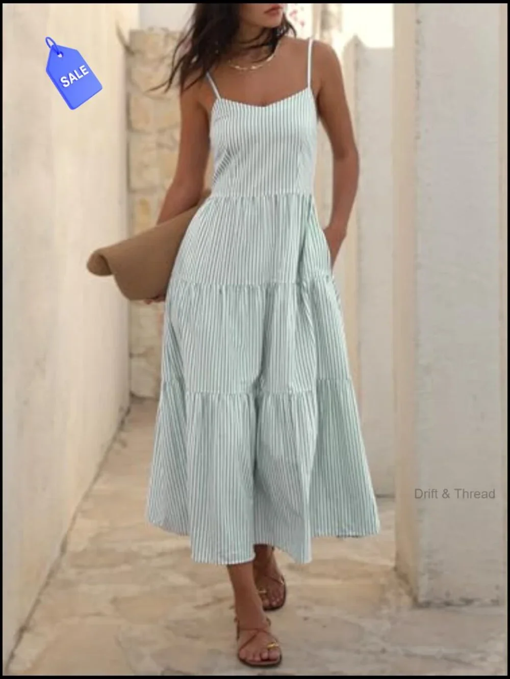Sleeveless Halter Neck Midi Sundress with Pockets Adjustable Straps - Picture 2 of 7